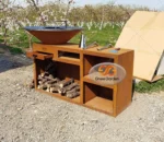Corten Steel Bbq Set/outdoor Charcoal Bbq Grill Metal Barbecue Fire Pit with Grill Table Wood