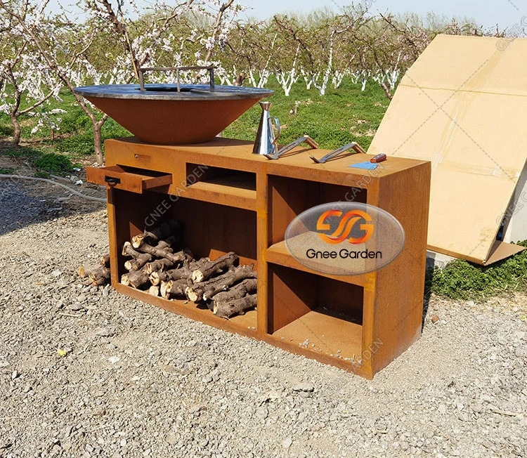 Corten Steel Bbq Set/outdoor Charcoal Bbq Grill Metal Barbecue Fire Pit with Grill Table Wood