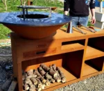 Corten Steel Bbq Set/outdoor Charcoal Bbq Grill Metal Barbecue Fire Pit with Grill Table Wood