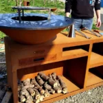 Corten Steel Bbq Set/outdoor Charcoal Bbq Grill Metal Barbecue Fire Pit with Grill Table Wood