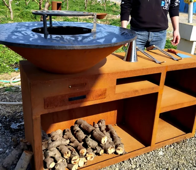 Corten Steel Bbq Set/outdoor Charcoal Bbq Grill Metal Barbecue Fire Pit with Grill Table Wood