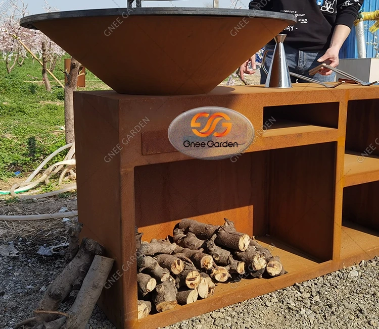 Corten Steel Modern Powder Coated Charcoal BBQ Grill with Trolley for Outdoor Use