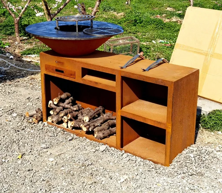 Corten Steel Modern Powder Coated Charcoal BBQ Grill with Trolley for Outdoor Use