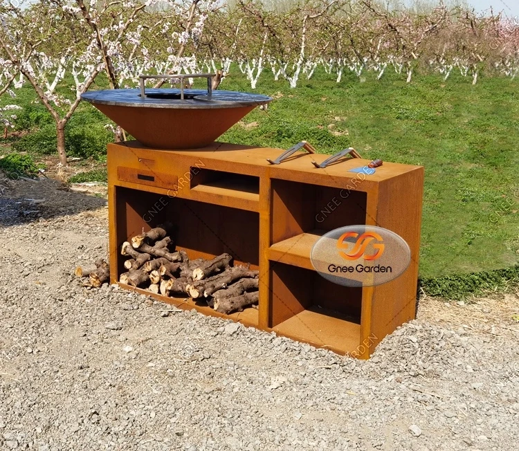Camping Barbecue Grills Garden Wood Fired Smoker Custom Large Barbeque Charcoal Brazier Outdoor Kitchen Corten Steel BBQ Grill
