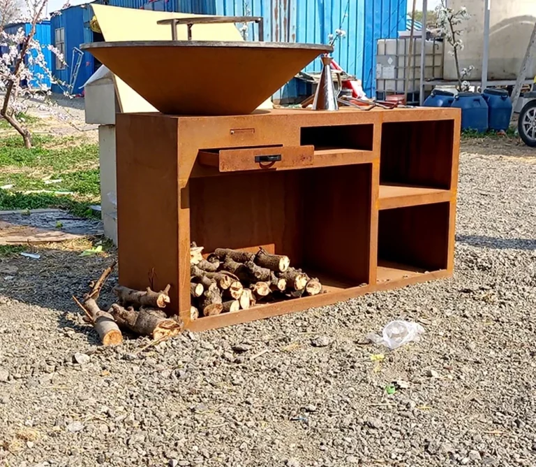 Modern Corten Steel BBQ Grill with Trolley-Weather Resistant Outdoor Fire Grill for Garden Use