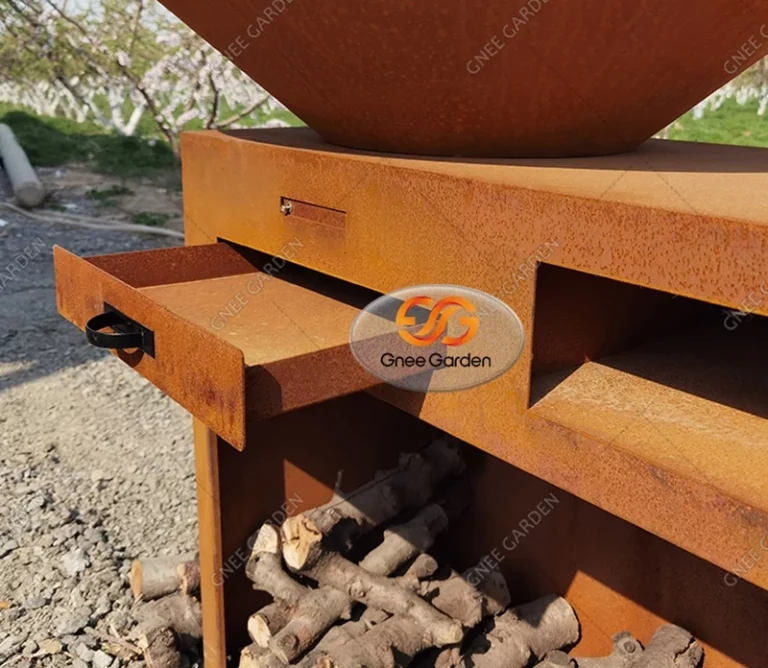 Modern Corten Steel Fire Pit BBQ Grill with Trolley for Outdoor Use