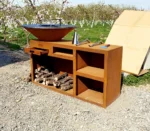 Modern Corten Steel Fire Pit BBQ Grill with Trolley for Outdoor Use