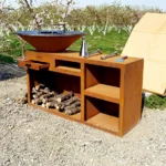 Modern Corten Steel Fire Pit BBQ Grill with Trolley for Outdoor Use