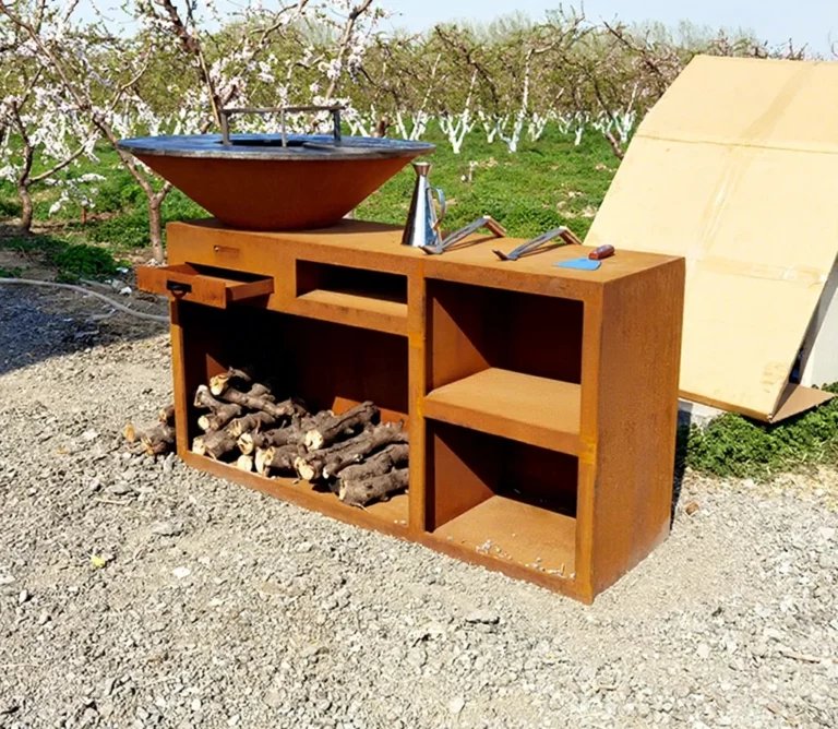Modern Corten Steel Fire Pit BBQ Grill with Trolley for Outdoor Use