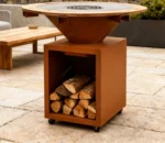 Modern Garden Rust Corten Steel Fire Pit Heavy Duty BBQ Grill with Trolley for Outdoor Firewood Use