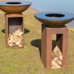 Outdoor Weathered Corten Steel Fire Pit Table & BBQ with Adjustable Height and Trolley-Eco-Friendly