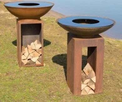 Outdoor Weathered Corten Steel Fire Pit Table & BBQ with Adjustable Height and Trolley-Eco-Friendly