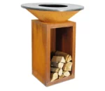 Outdoor Weathered Corten Steel Fire Pit Table & BBQ with Adjustable Height and Trolley-Eco-Friendly