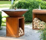 Outdoor Weathered Corten Steel Fire Pit Table & BBQ with Adjustable Height and Trolley-Eco-Friendly