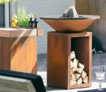 Outdoor Weathered Corten Steel Fire Pit Table & BBQ with Adjustable Height and Trolley-Eco-Friendly