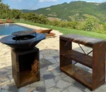 Outdoor Korean Style Corten Steel Smokeless Storable Heavy Duty BBQ Fire Pit with Trolley and Full-Size Cooking Grate