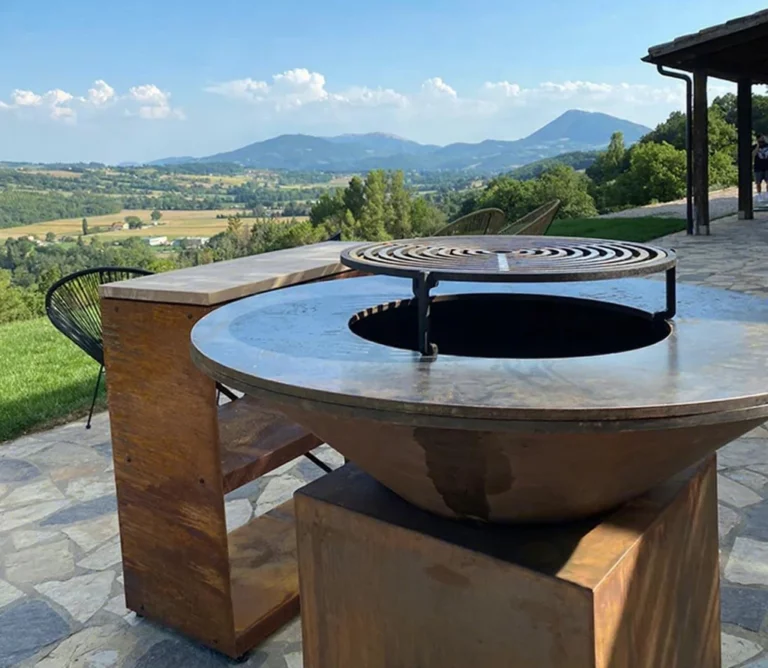 Corten Steel Korean Style Fire Pit BBQ Grill with Trolley-Heavy Duty Outdoor Rusty BBQ