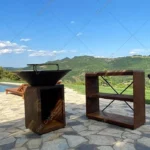 Modern Outdoor Corten Steel Multifunctional BBQ Grill with Fire Pit Charcoal Trolley