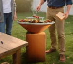 Modern Outdoor Corten Steel Fire Pit BBQ Grill with Trolley-Easily Assembled for Backyard Use