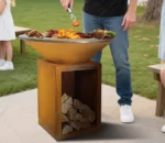 Modern Outdoor Wood Burning BBQ Charcoal Grill with Fire Pit Corten Steel for Cooking & Entertaining
