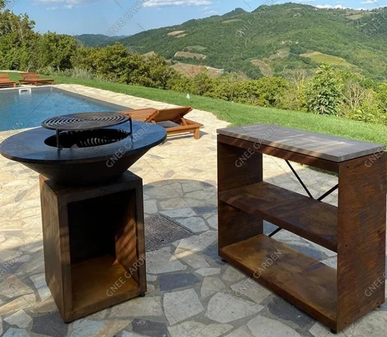 Modern Corten Steel BBQ Fire Pit Grill with Trolley for Outdoor Cooking