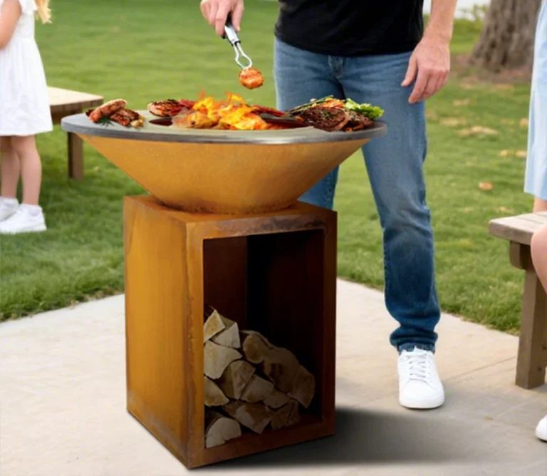 Modern Outdoor European BBQ Grill and Fire Pit Rustic Corten Steel with Contemporary Style