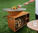 Modern Rust Corten Steel Outdoor Fire Pit Charcoal Grill with Trolley