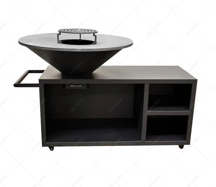 Modern Garden Outdoor Charcoal BBQ Grill Corten Steel Grill Table with Trolley