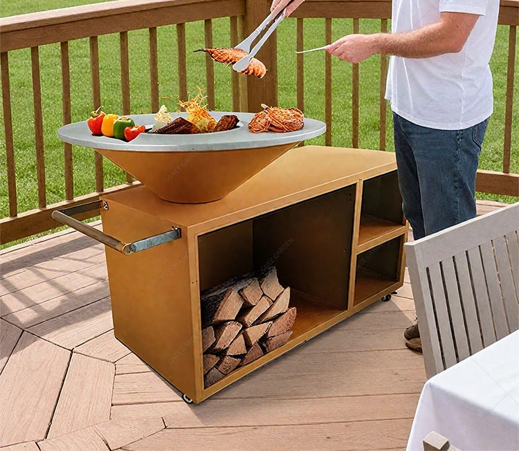 Modern Outdoor Warming Big Barbecue Grill with Corten Steel Trolley for >5 People Camping