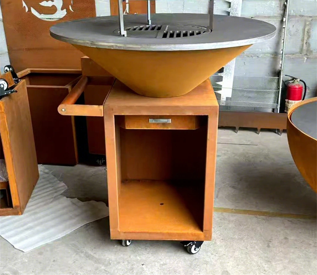 product_image_1775561429_70733763 Modern Design Outdoor Corten Steel Fire Pit with BBQ Grill and Trolley for Wood Charcoal