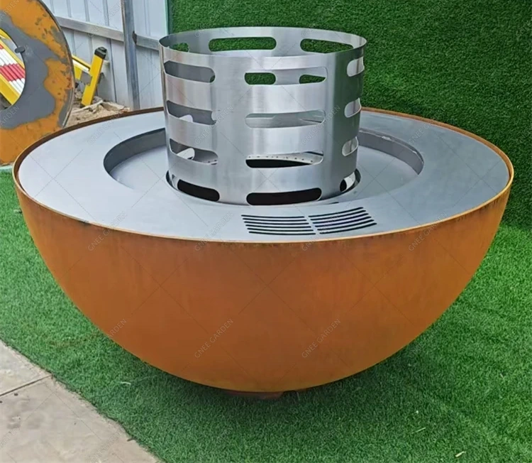 Modern Heavy Duty Outdoor Rust Corten Steel Charcoal Fire Pit BBQ with Trolley for 5+ People
