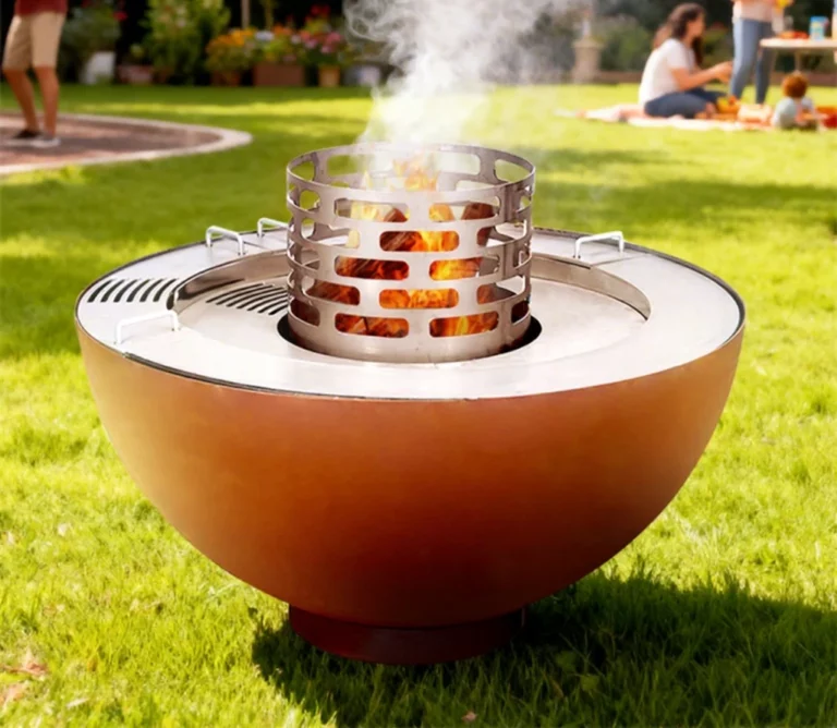 Modern Corten Steel Charcoal BBQ Grill with Trolley for Outdoor Use