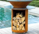 Modern Corten Steel Fire & Charcoal Barbecue Grill with Trolley for Outdoor Use