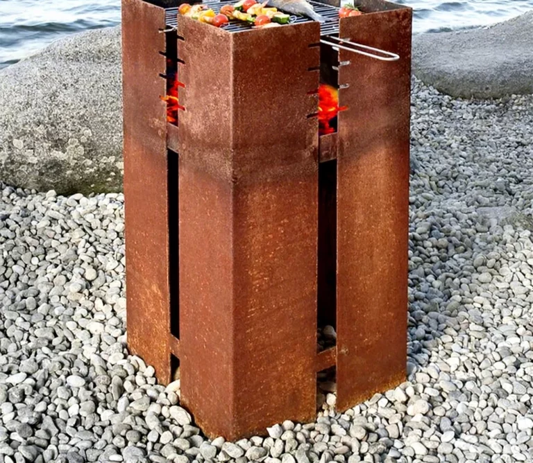 Modern Corten Steel BBQ Grill with Trolley-Smokeless Outdoor Fire Pit for Home & Commercial Use Easily Assembled