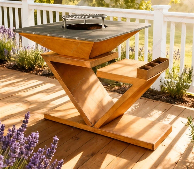 Outdoor Garden Kitchen Fire Pit BBQ Table Rusty Corten Steel Barbeque Grill