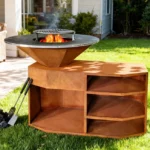 Modern Powder Coated Corten Steel Outdoor Charcoal Grill with Trolley and Easy Cleaning