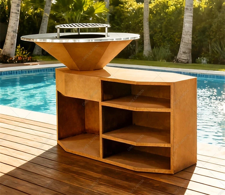 Corten Steel Fire Pit with BBQ Barbecue Grill Outdoor Fire Pit Cooking BBQ Charcoal Grill