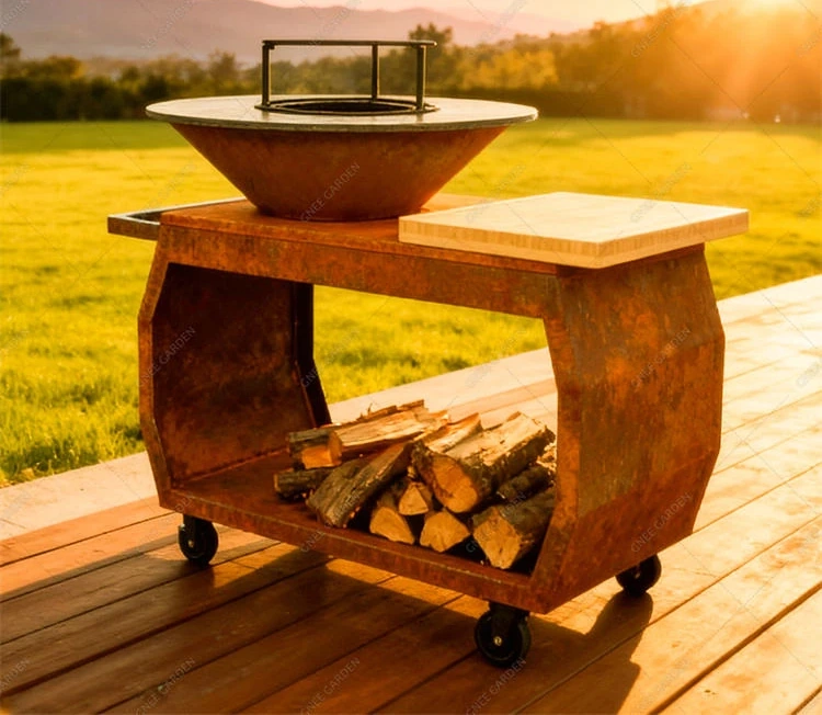 Commercial Modern Powder Coated Corten Steel Charcoal Grill with Wood Burning Function for Outdoor Use