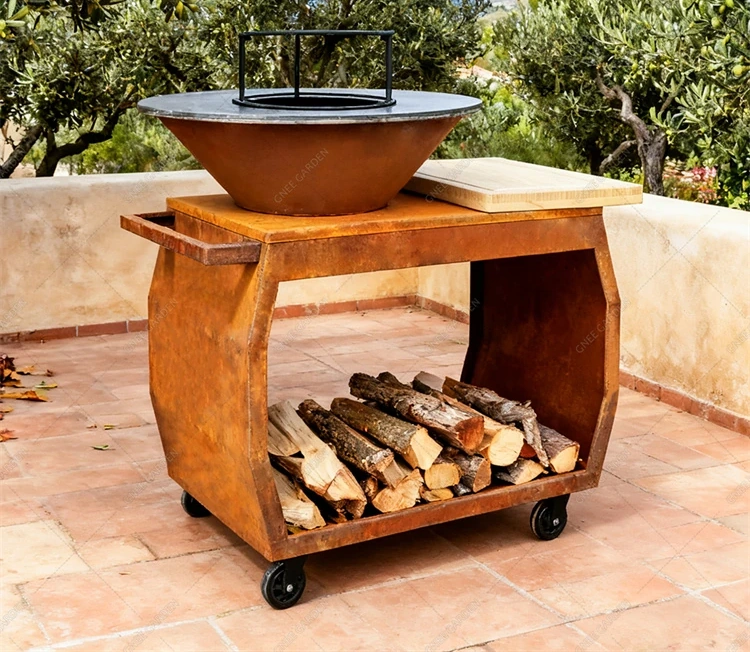product_image_1775566338_24847806 Modern Powder Coated Corten Steel BBQ Fire Pit Grill with Trolley for Outdoor Charcoal Barbecue