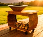 Modern Powder Coated Corten Steel BBQ Fire Pit Grill with Trolley for Outdoor Charcoal Barbecue