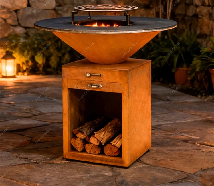 Modern Powder Coated Corten Steel Fire Pit Charcoal BBQ Grill for Outdoor Cooking