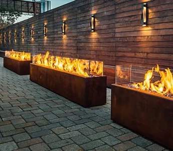 Low Smoke Gas Firepit Manufacturer Heavy Gauge Propane Fire Table Outdoor Rectangular 150cm Corten Steel Fire Pit