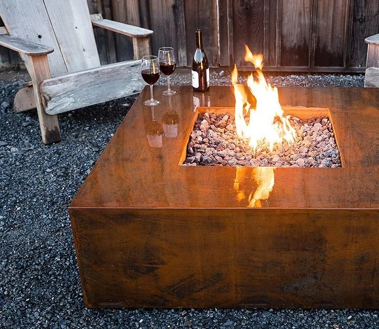 Gas Corten Steel square Fire Pit Outdoor Table Top Camping Gas Corten Steel Metal Brazier Fire Pit