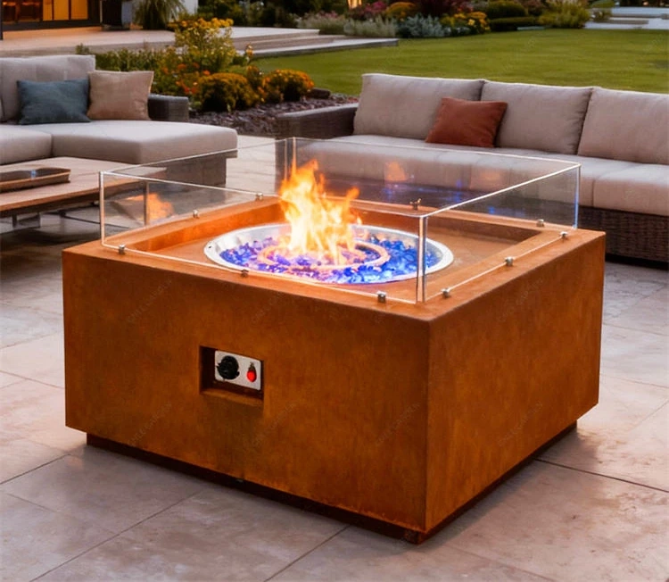 Patio Propane Firepit Table Rectangle Corten Steel Gas Fire Pits