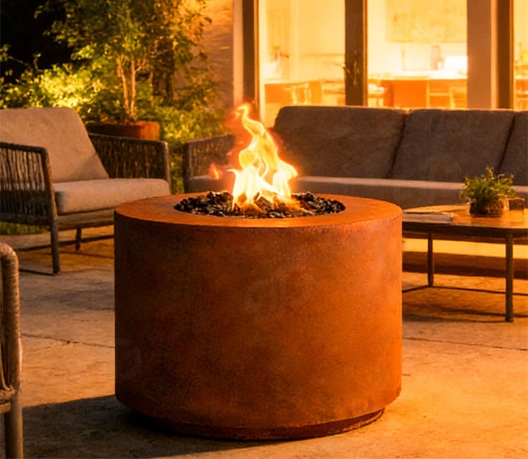 Round Corten Steel Natural Rusted Powder Coated Eco-Friendly Gas Propane Fire Pit for Outdoor Patio Use