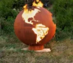 Corten Steel World Map Round Fire Ball Wood