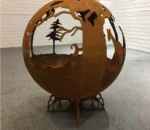 Corten Steel World Map Round Fire Ball Wood
