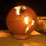 Corten Steel World Map Round Fire Ball Wood