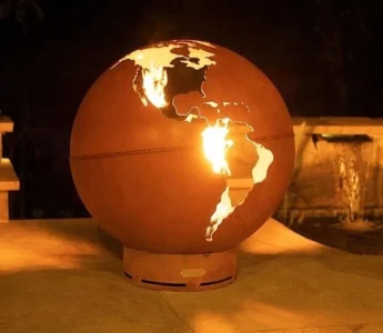 Corten Steel World Map Round Fire Ball Wood
