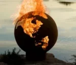 Corten Steel World Map Round Fire Ball Wood